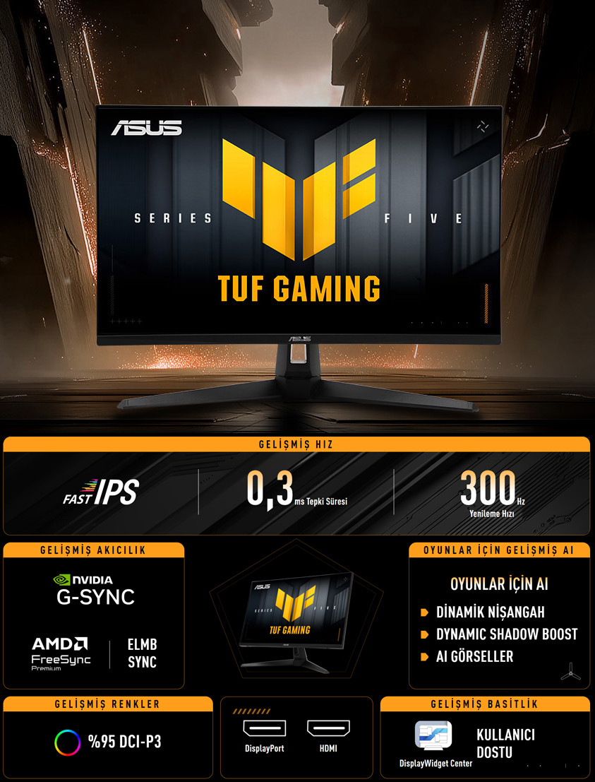 ASUS TUF GAMING VG27AQML5A 27″ 300Hz  0.3ms Pivot HDR400 2K QHD Fast IPS Gaming (Oyuncu) Monitör
