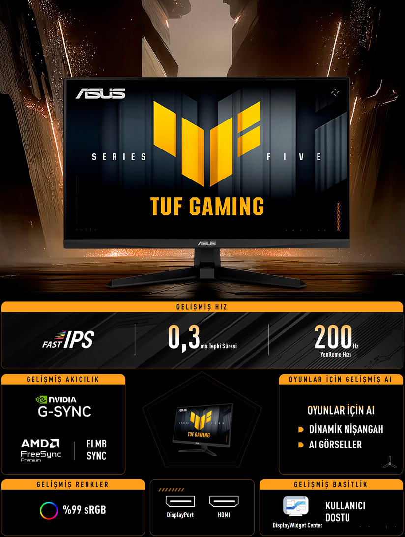 ASUS TUF GAMING VG249Q5A 23.8″ 200Hz 0.3ms Gaming AI ELMB Sync  Full HD Fast IPS Gaming (Oyuncu) Monitör