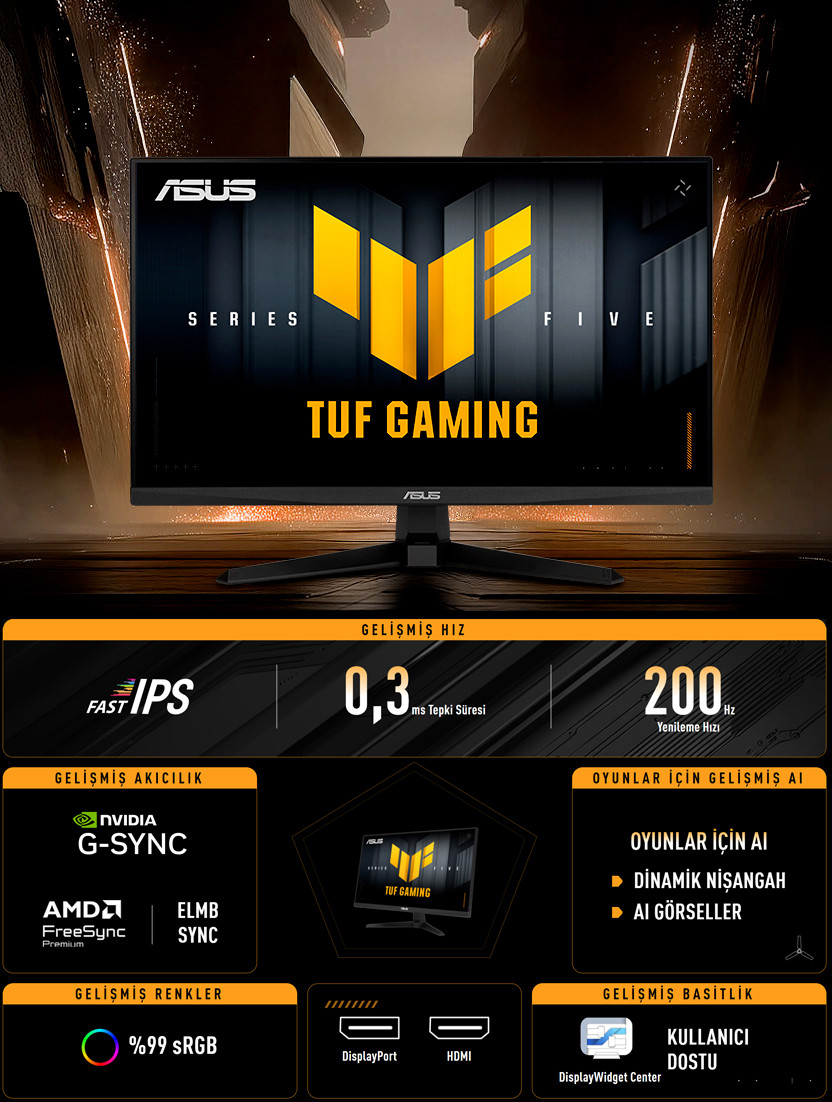 ASUS TUF GAMING VG279Q5A 27″ 200Hz 0.3ms Gaming AI ELMB Sync  Full HD Fast IPS Gaming (Oyuncu) Monitör
