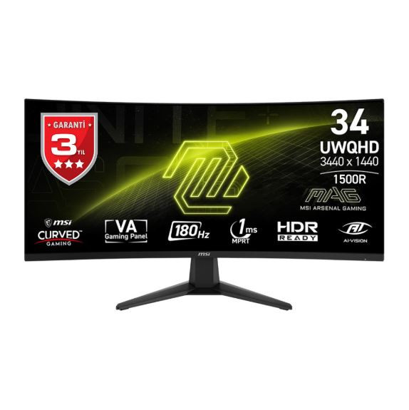MSI MAG 346CQ 34″ 180Hz 1Ms FreeSync Premium Curved 1500R UWQHD VA Gaming (Oyuncu) Monitör