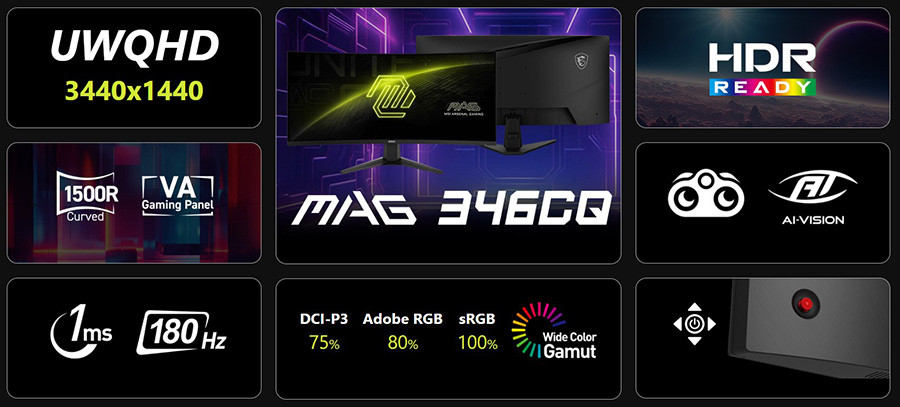 MSI MAG 346CQ 34″ 180Hz 1Ms FreeSync Premium Curved 1500R UWQHD VA Gaming (Oyuncu) Monitör