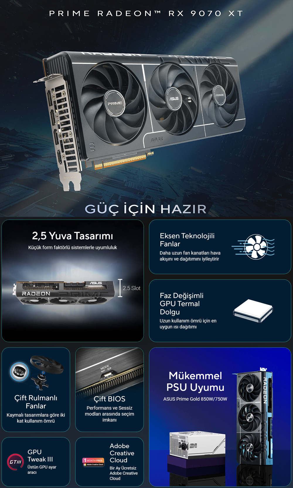 ASUS PRIME Radeon RX 9070XT 16GB PRIME-RX9070XT-O16G GDDR6 256Bit DX12 Gaming Ekran Kartı