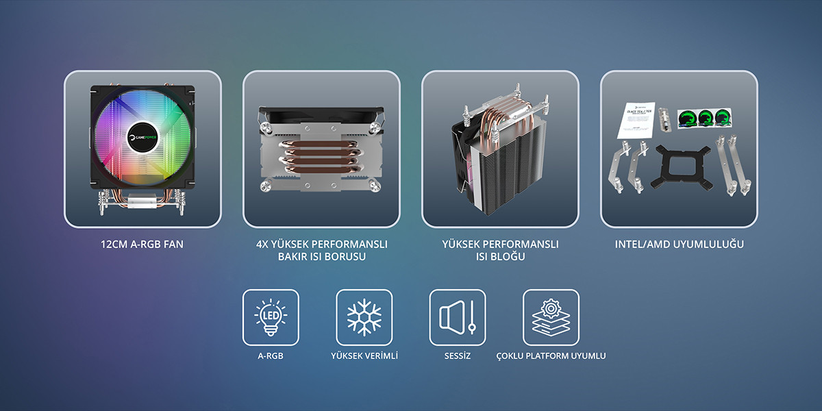 GamePower Glace TC4 ARGB Siyah 1x120mm LGA1851/AM5 İşlemci Hava Soğutucu