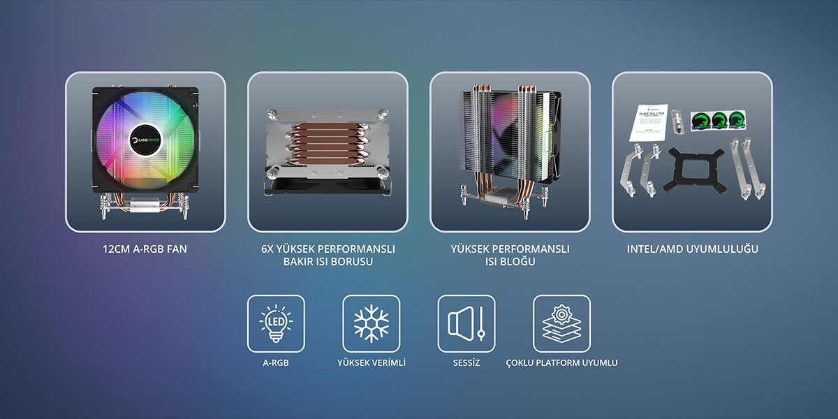 GamePower Glace TC6 ARGB Siyah 1x120mm LGA1851/AM5 İşlemci Hava Soğutucu