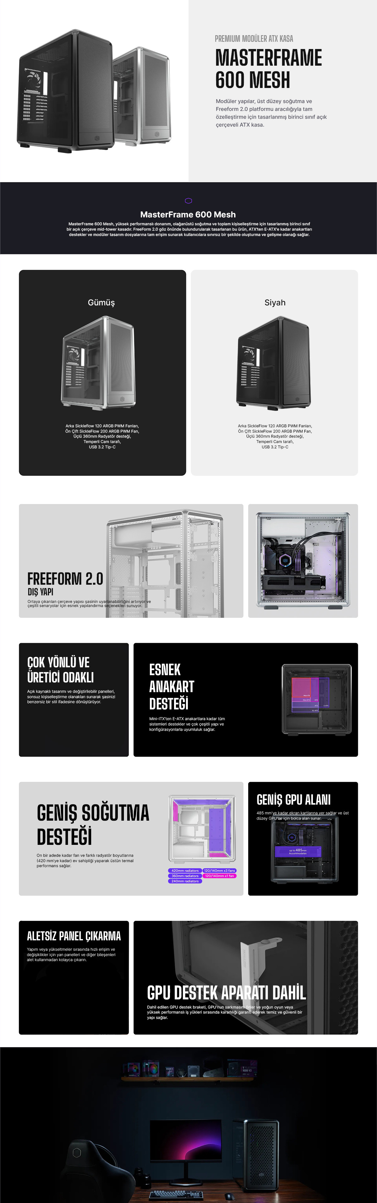 Cooler Master MasterFrame 600TG Mesh ATX BTF Alüminyum Siyah Mid Tower Gaming Kasası