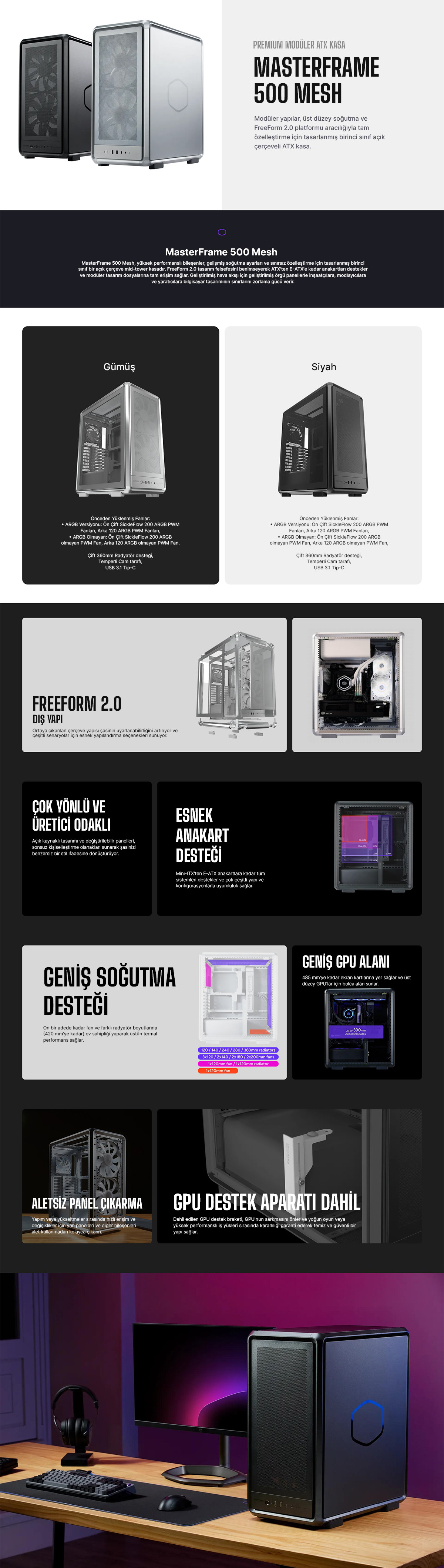 Cooler Master MasterFrame 500TG Mesh ATX BTF Alüminyum Siyah Mid Tower Gaming Kasası