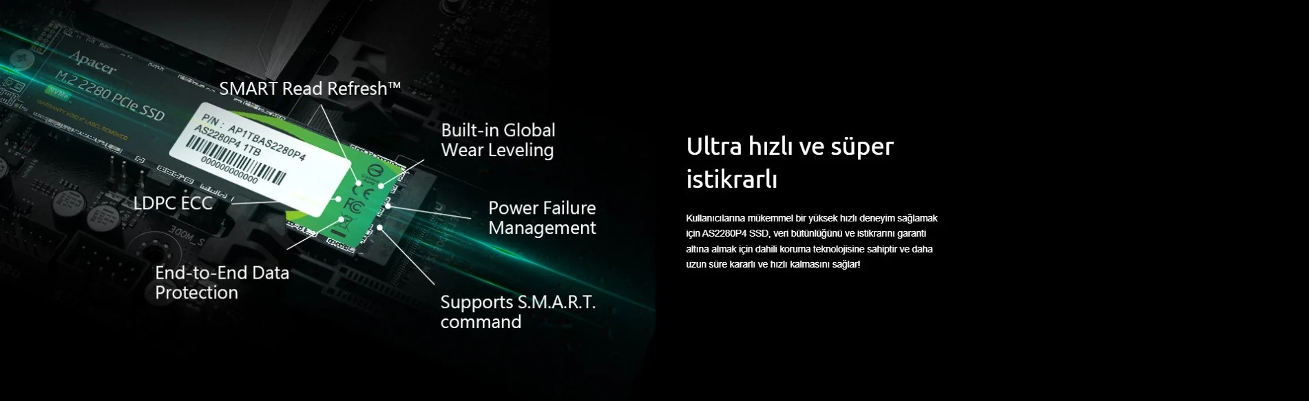 Apacer AS2280P4 1TB 3000/2000MB/s NVMe PCIe Gen3x4 M.2 SSD Disk