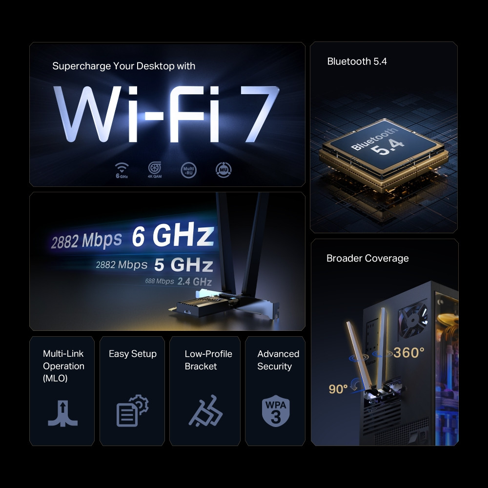 TP-Link Archer TBE400E BE6500 Wi-Fi 7 Bluetooth 5.4 PCIe Adaptör