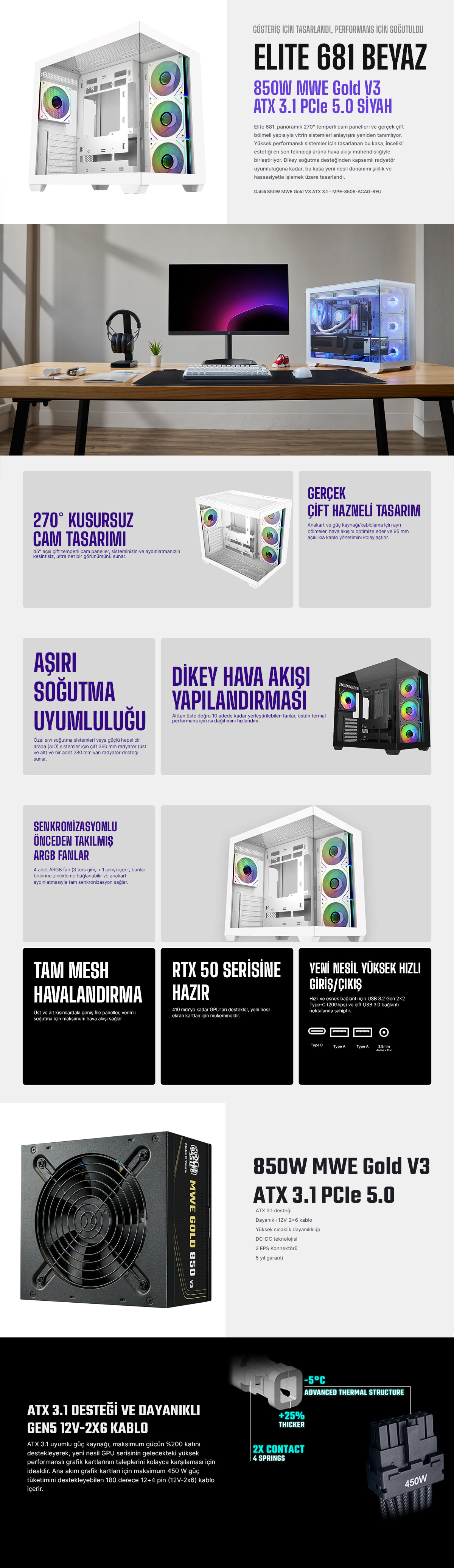 Cooler Master Elite 681 TG 4x120mm ARGB Fan ATX Beyaz 850W ATX 3.1 - PCIE 5.0 80+ Gold Mid Tower Gaming Kasa