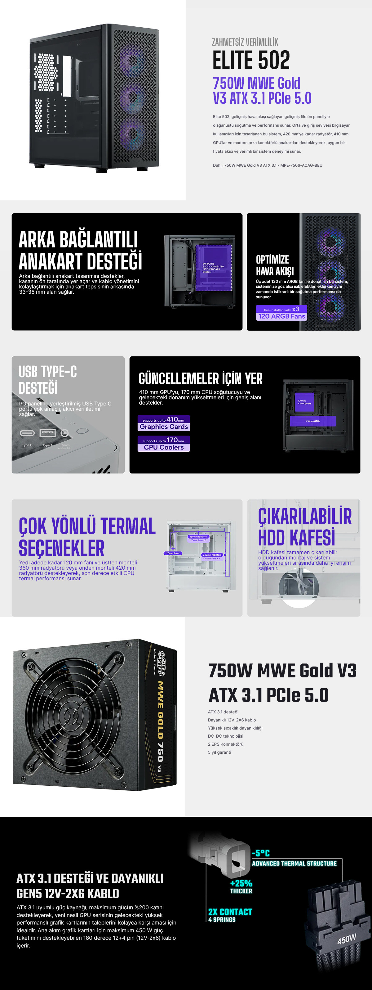 Cooler Master Elite 502 TG 4x120mm ARGB Fan ATX Siyah 750W ATX 3.1 - PCIE 5.0 80+ Gold Mid Tower Gaming (Oyuncu) Kasa