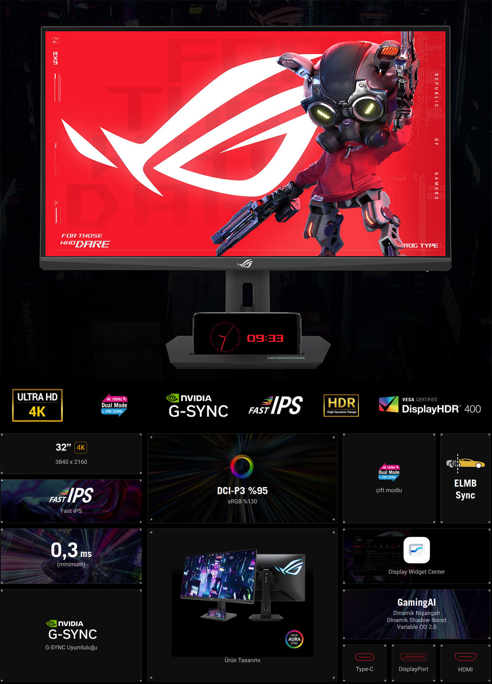 Asus ROG Strix XG32UCG 31.5″ 0.3ms 4K 160 Hz - Full HD 320 Hz Fast IPS Gaming (Oyuncu) Monitörü