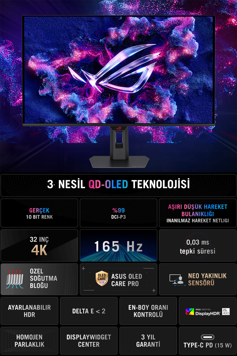 ASUS ROG Strix XG32UCDS 31.5″ 165Hz 0.03Ms OLED 4K UHD Adaptive-Sync QD-OLED Gaming Monitör
