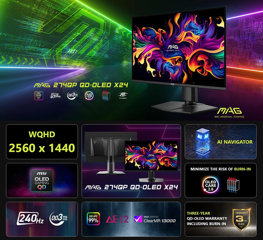 MSI MAG 274QP QD-OLED X24 26.5 inç 240Hz 0.03ms 2K WQHD Adaptive Sync Pivot Gaming Monitör