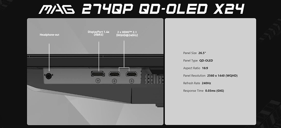 MSI MAG 274QP QD-OLED X24 26.5 inç 240Hz 0.03ms 2K WQHD Adaptive Sync Pivot Gaming Monitör