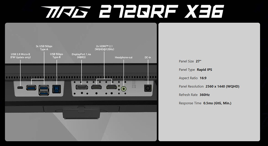 MSI MPG 272QRF X36 27″ 360Hz 0.5ms 2K G-SYNC Pulsar Pivot WQHD Rapid IPS Gaming(Oyuncu) Monitör