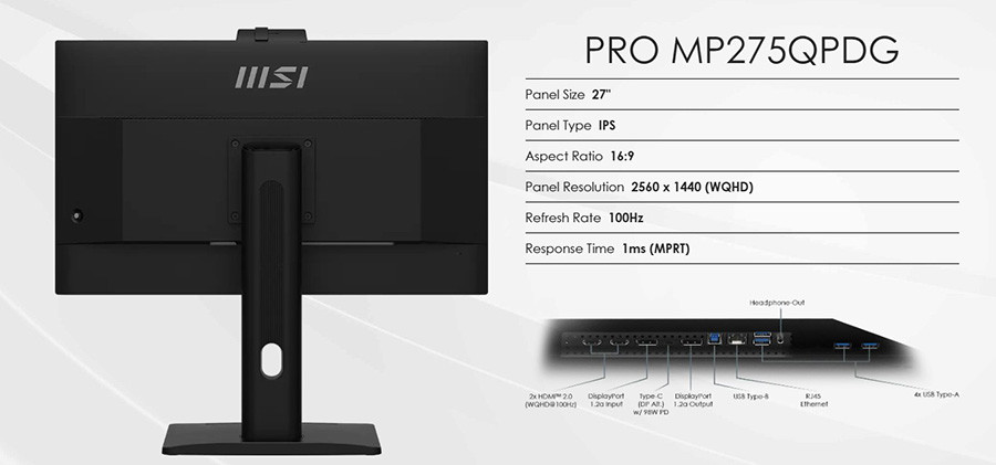 MSI PRO MP275QPDG 27″ 100Hz 1ms Adaptive-Sync Pivot WQHD IPS Monitör