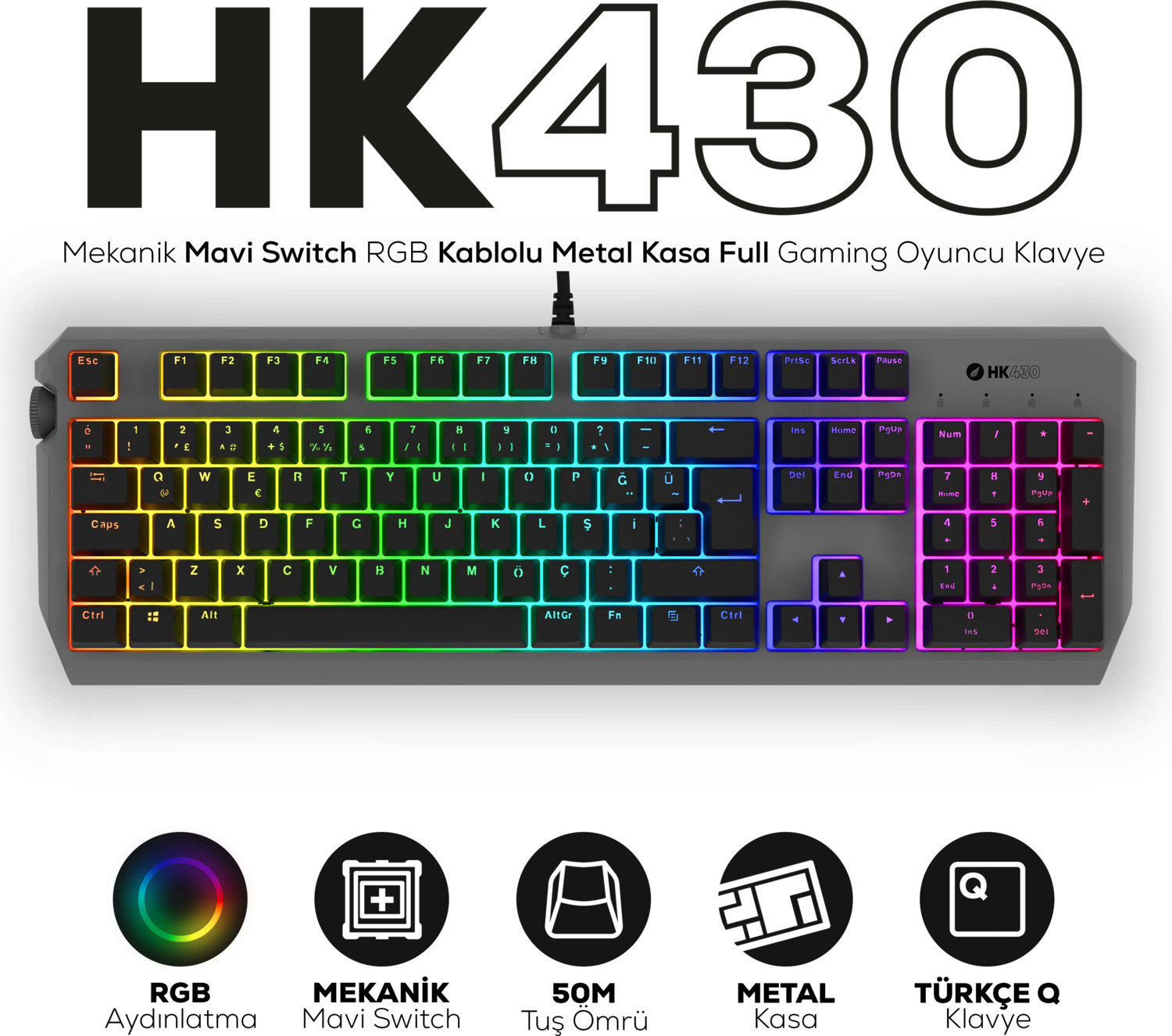 Hawk Gaming HK430 Mekanik Mavi Switch RGB Kablolu Metal Kasa Full Gaming Oyuncu Klavye