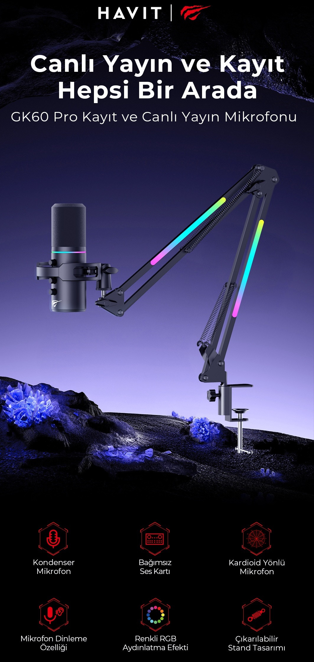 Havit Gamenote GK60 PRO RGB Profesyonel Oyuncu ve Yayıncı Mikrofonu - RGB Standlı USB Mikrofon