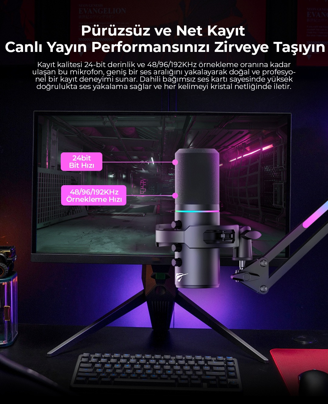 Havit Gamenote GK60 PRO RGB Profesyonel Oyuncu ve Yayıncı Mikrofonu - RGB Standlı USB Mikrofon