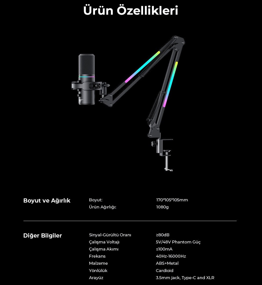 Havit Gamenote GK60 PRO RGB Profesyonel Oyuncu ve Yayıncı Mikrofonu - RGB Standlı USB Mikrofon