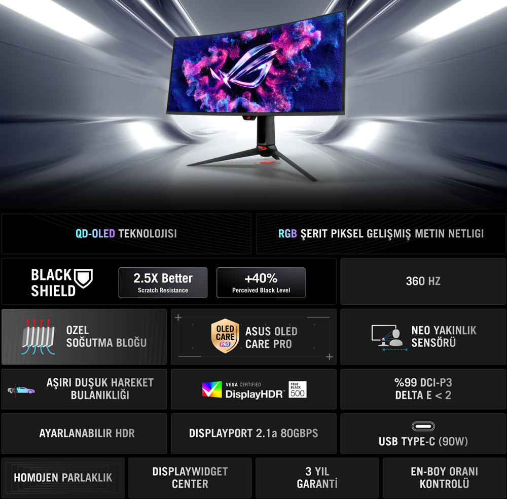 ASUS ROG Swift OLED PG34WCDN 34 inç 360Hz 0.03ms UWQHD Adaptive Sync QD-OLED Kavisli Gaming Monitör