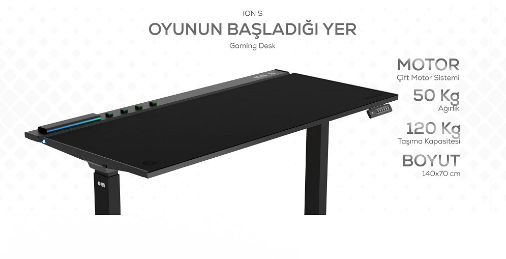 Hawk ION S Çift Motorlu Yükseklik Ayarlı RGB 140x70 Siyah Renk Çalışma ve Oyuncu Masası