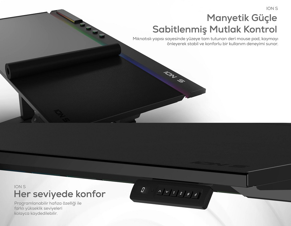 Hawk ION S Çift Motorlu Yükseklik Ayarlı RGB 140x70 Siyah Renk Çalışma ve Oyuncu Masası