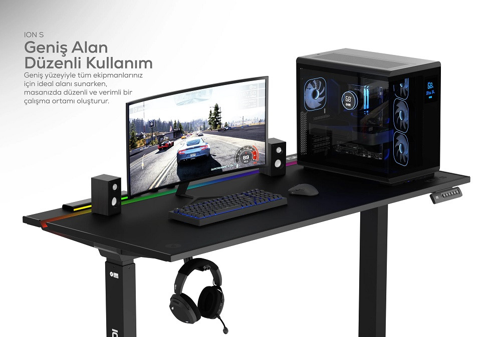 Hawk ION S Çift Motorlu Yükseklik Ayarlı RGB 140x70 Siyah Renk Çalışma ve Oyuncu Masası