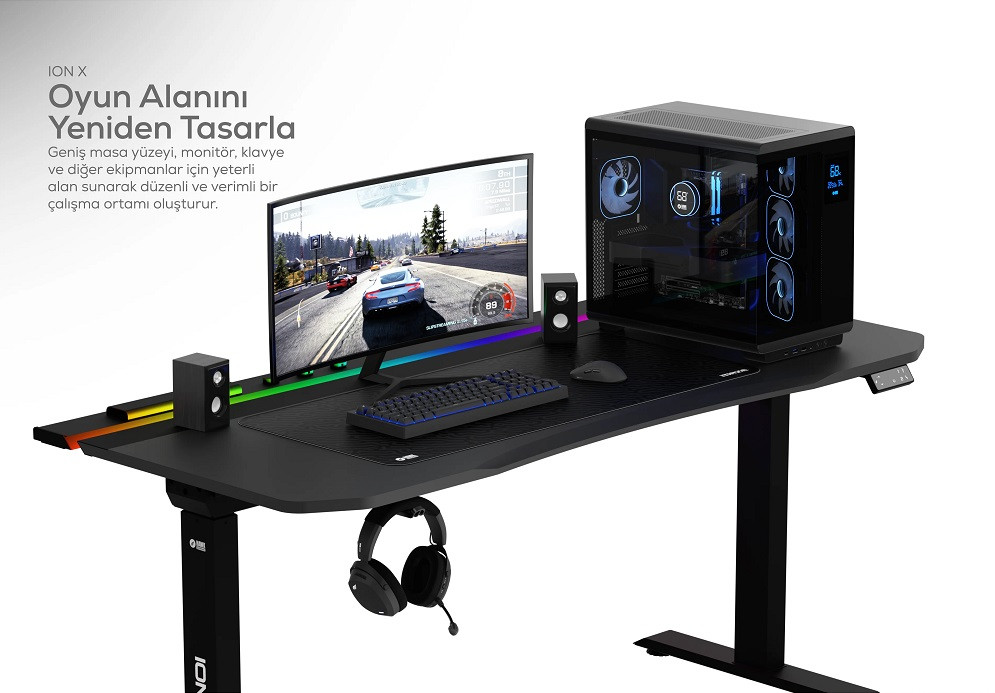Hawk ION X Çift Motorlu Yükseklik Ayarlı RGB 160x80 Siyah Renk Çalışma ve Oyuncu Masası