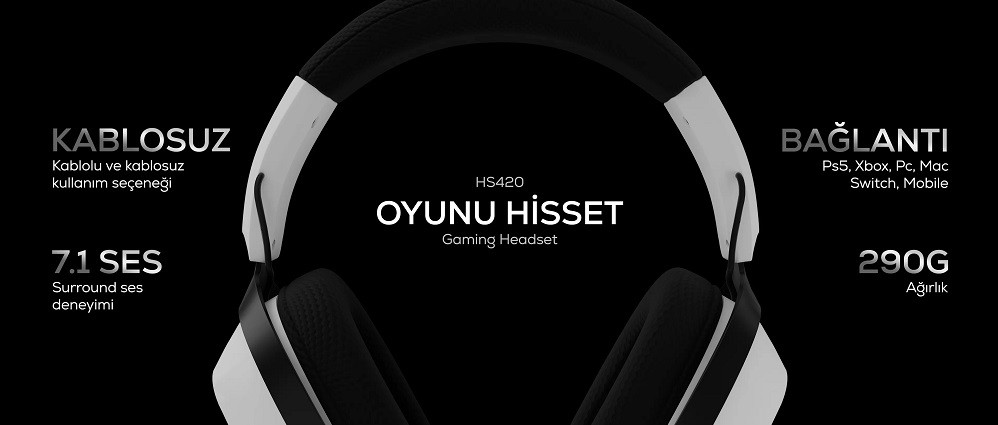 Hawk HS420 7.1 Surround Tri-Mode Kablosuz/Bluetooth Beyaz Oyuncu Kulaklığı