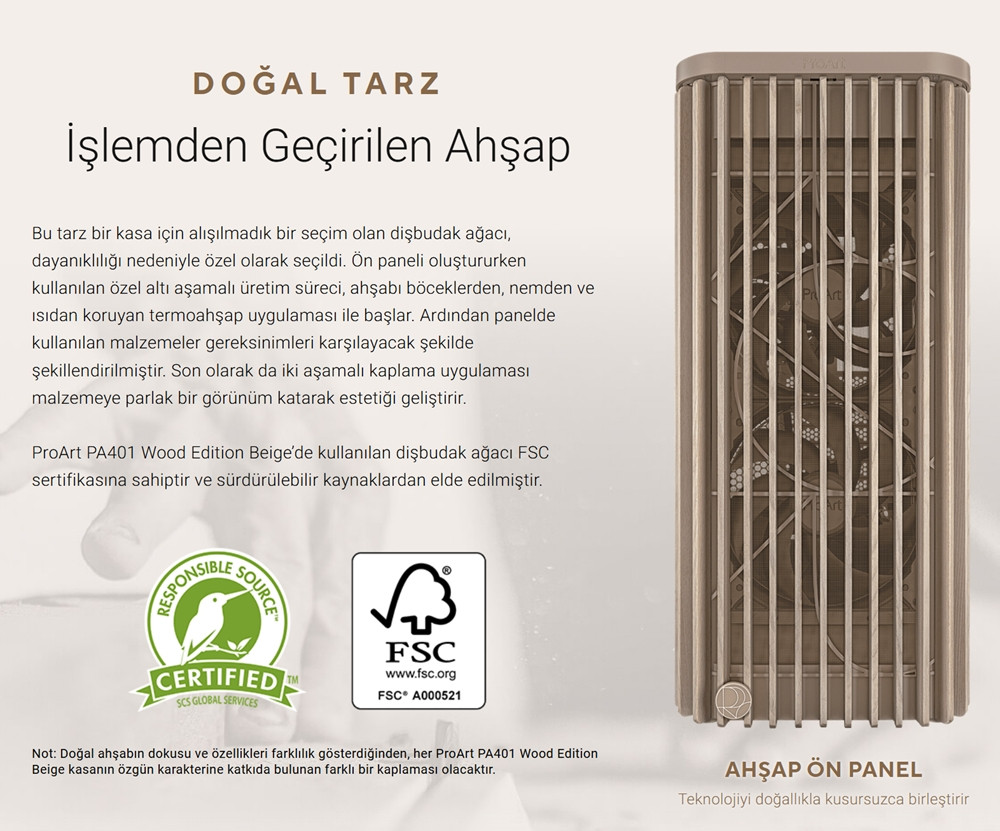 ASUS ProArt PA401 Wood Metal Edition Mesh Panel USB 3.2  ATX Mid-Tower Gaming (Oyuncu) Kasa Bej