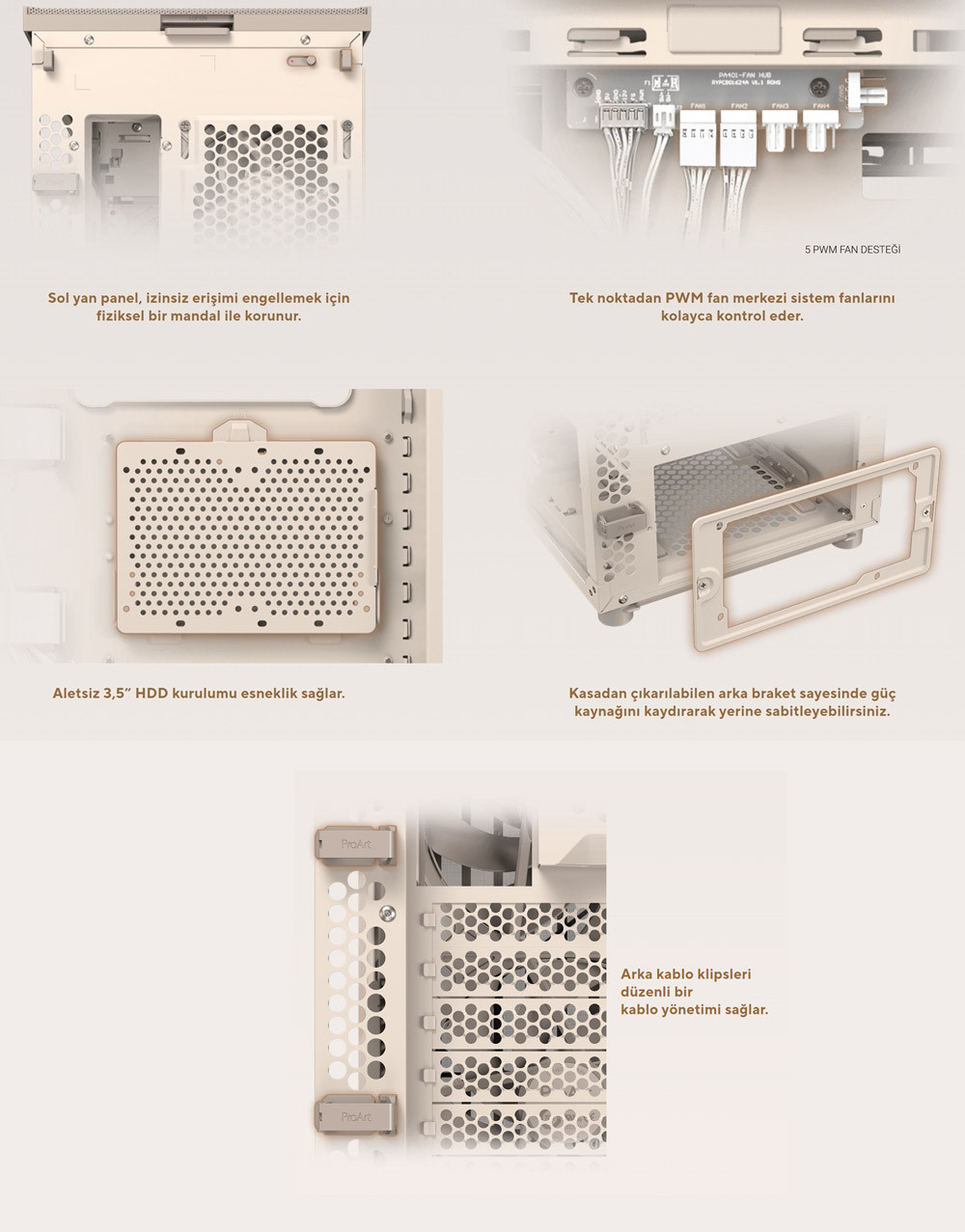 ASUS ProArt PA401 Wood Metal Edition Mesh Panel USB 3.2  ATX Mid-Tower Gaming (Oyuncu) Kasa Bej