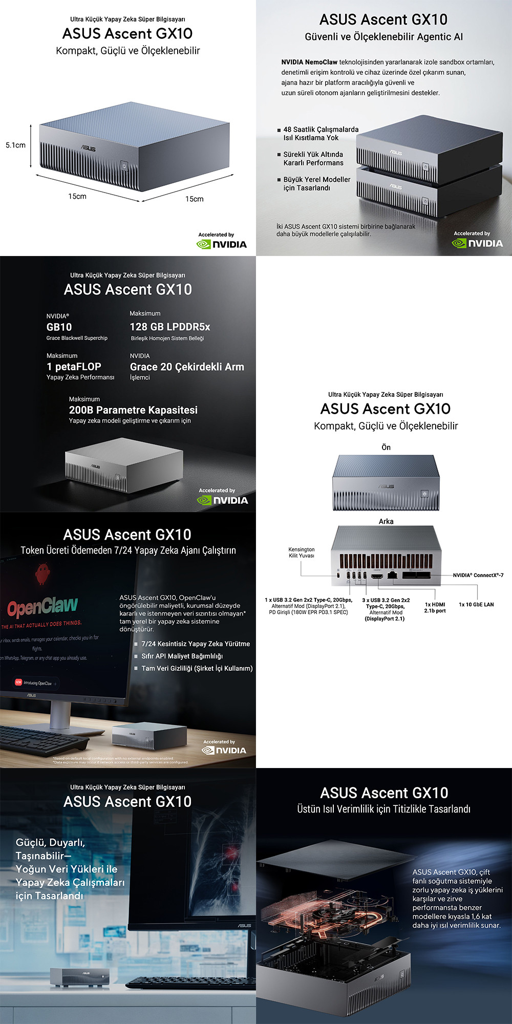ASUS ASCENT GX10‑GG0003BN NVIDIA® GB10 NVIDIA BLACKWELL 128GB DDR5 1TB SSD NVIDIA DGX OS KOMPAKT YAPAY ZEKA SÜPER BİLGİSAYARI