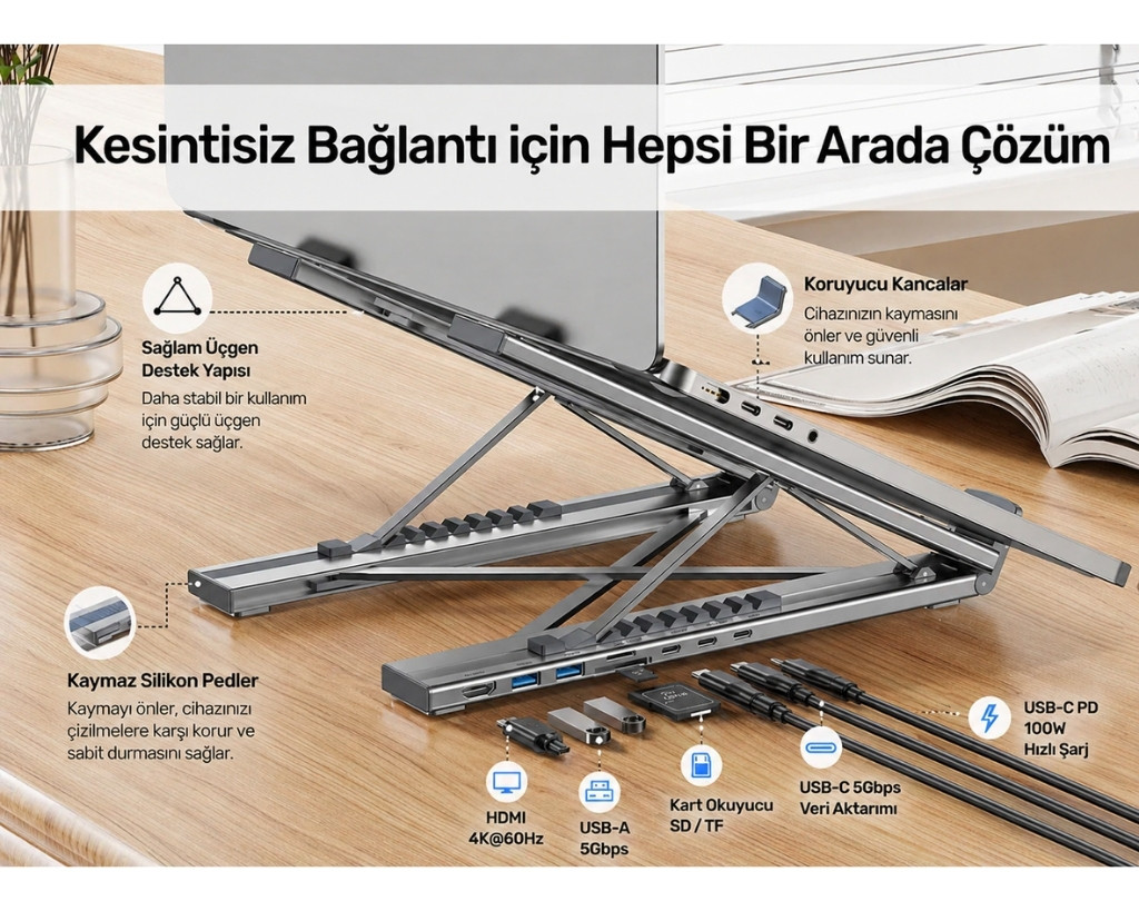 Unitek USB-C Katlanabilir Dizüstü Bilgisayar Standı ve Bağlantı İstasyonu