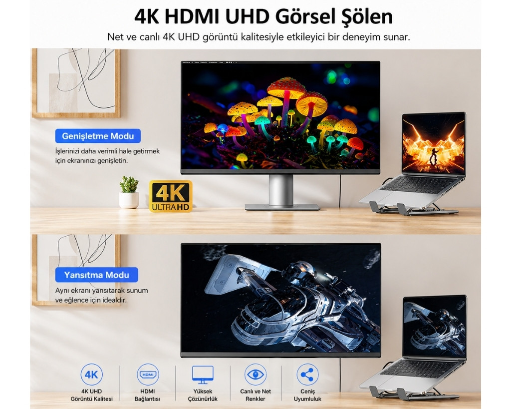Unitek USB-C Katlanabilir Dizüstü Bilgisayar Standı ve Bağlantı İstasyonu