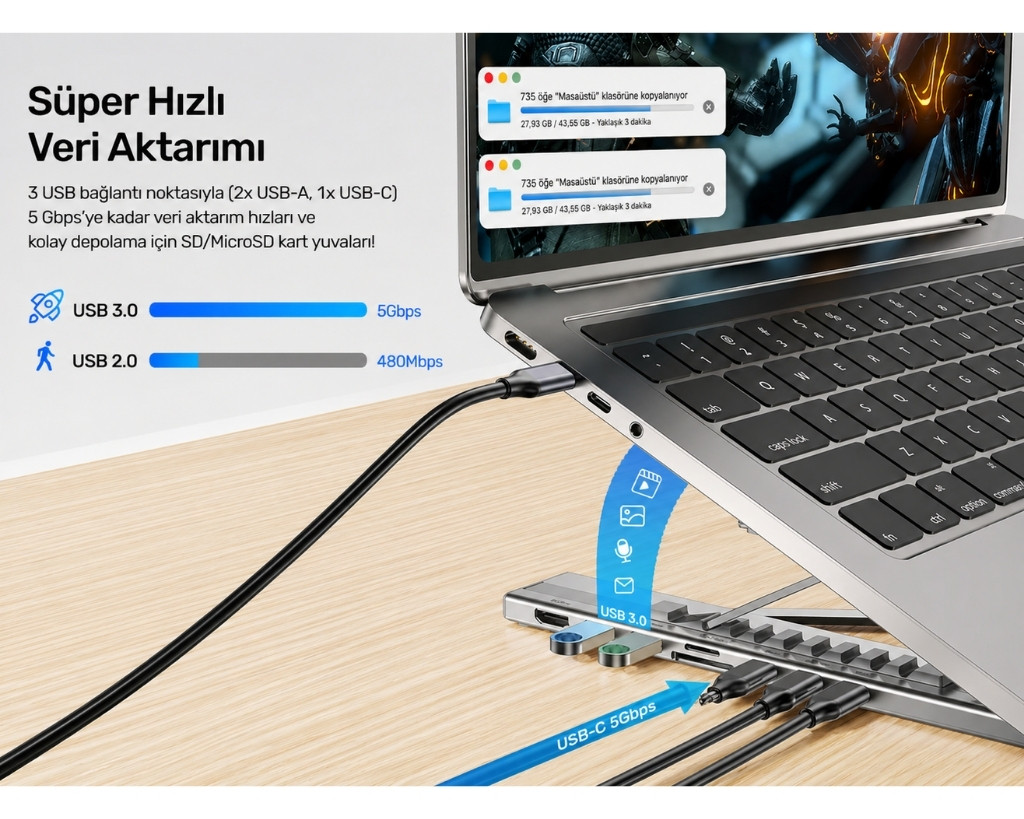 Unitek USB-C Katlanabilir Dizüstü Bilgisayar Standı ve Bağlantı İstasyonu