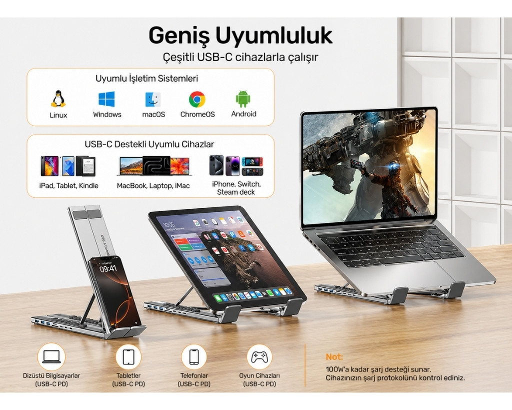 Unitek USB-C Katlanabilir Dizüstü Bilgisayar Standı ve Bağlantı İstasyonu
