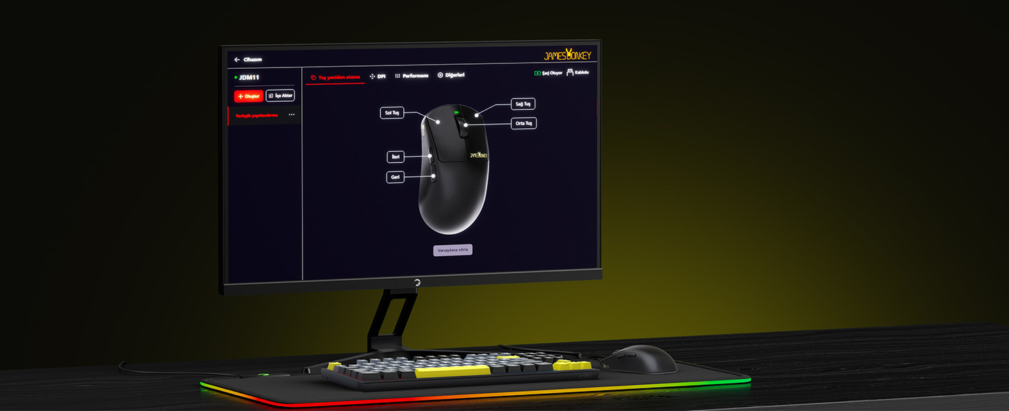 James Donkey JDM11 PAW3311 12.000DPI Triple Mode (Kablolu/Bluetooth/2.4G) Siyah Gaming Mouse