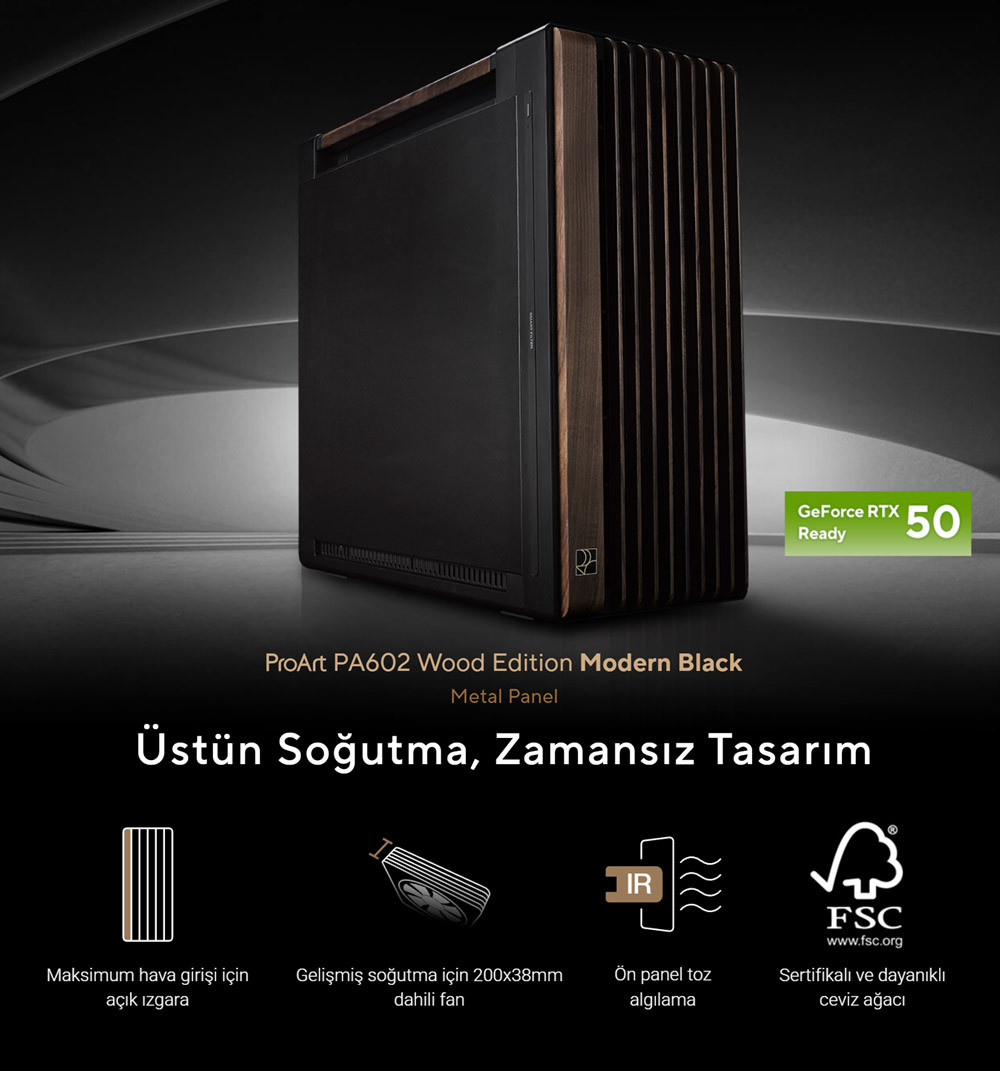 ASUS ProArt PA602 Walnut Wood Metal Modern Black Edition USB-C E-ATX Mid-Tower Gaming (Oyuncu) Kasası