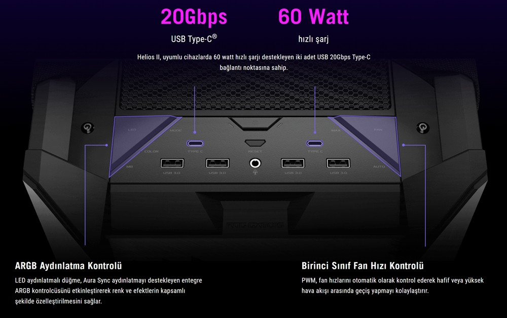 ASUS ROG STRIX HELIOS II GX601S 4x140mm Fan USB Type-C Temperli Cam Siyah E-ATX Mid-Tower Gaming Kasa