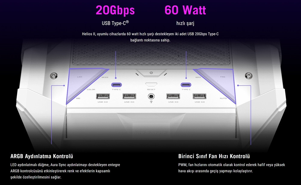 ASUS ROG STRIX HELIOS II GX601S 4x140mm Fan USB Type-C Temperli Cam Beyaz E-ATX Mid-Tower Gaming Kasa
