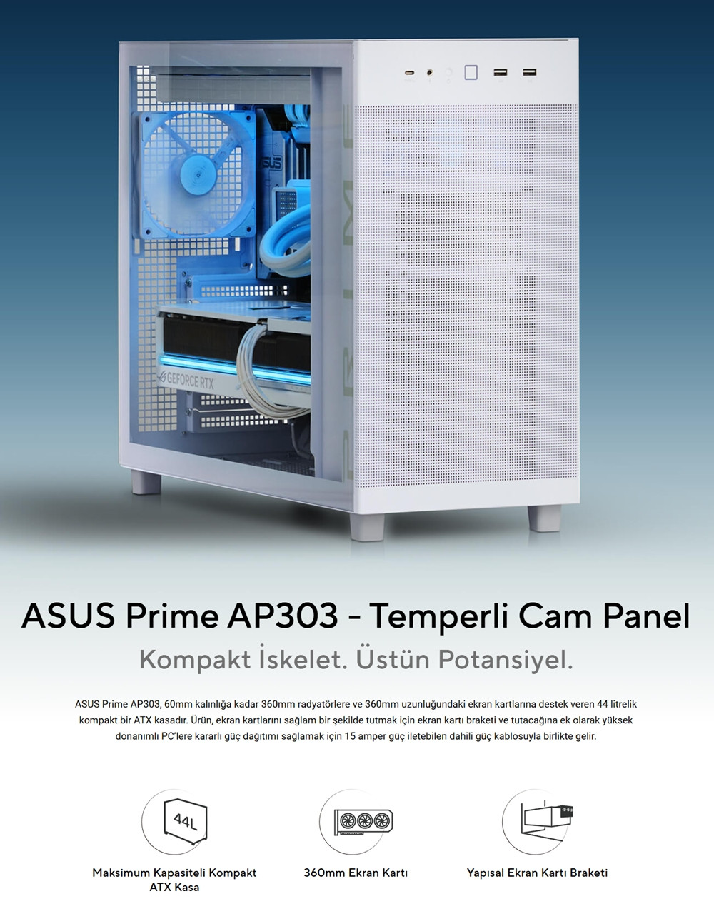 ASUS Prime AP303 TG Beyaz USB 3.2 ATX Mid-Tower Gaming (Oyuncu) Kasa (90DC00V3-B39010)