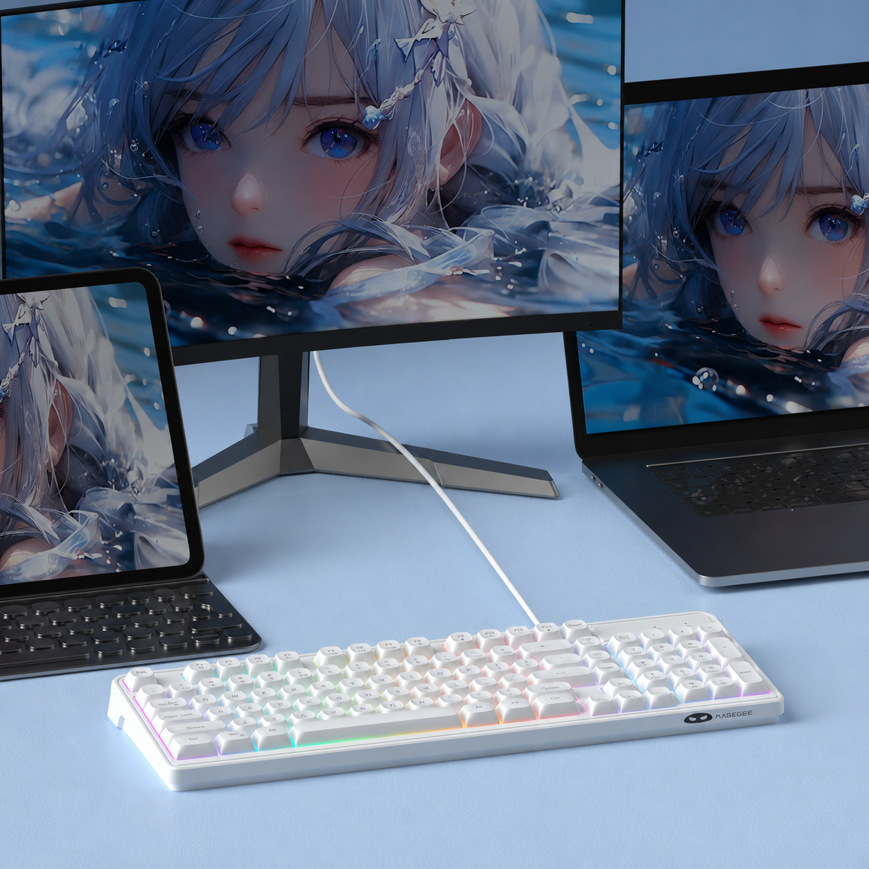 MageGee GK980 98 Tuş RGB Kablolu Membran Gaming Beyaz Klavye