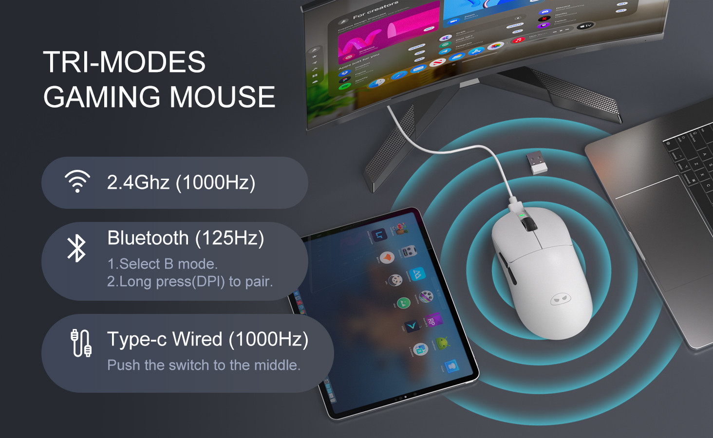 MageGee Scout 12.000DPI Triple Mode (Kablolu/Bluetooth/2.4G) Beyaz Gaming Mouse