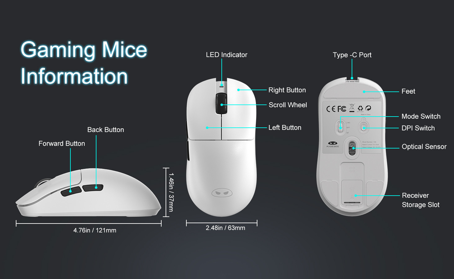 MageGee Scout 12.000DPI Triple Mode (Kablolu/Bluetooth/2.4G) Beyaz Gaming Mouse