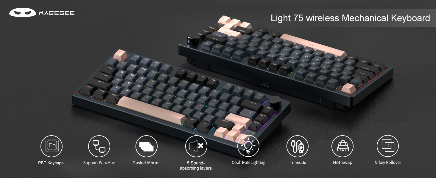 MageGee Light75 Tri-Mode RGB Hot-Swap Mekanik Siyah Gaming Klavye