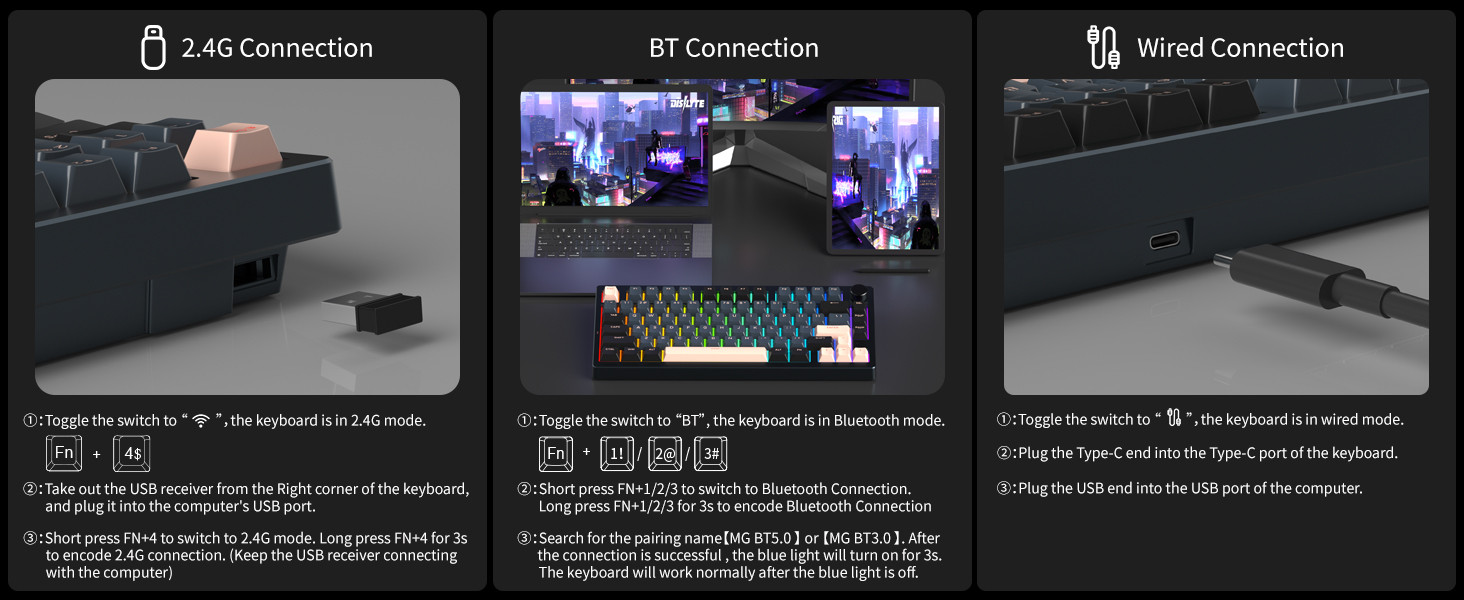 MageGee Light75 Tri-Mode RGB Hot-Swap Mekanik Siyah Gaming Klavye