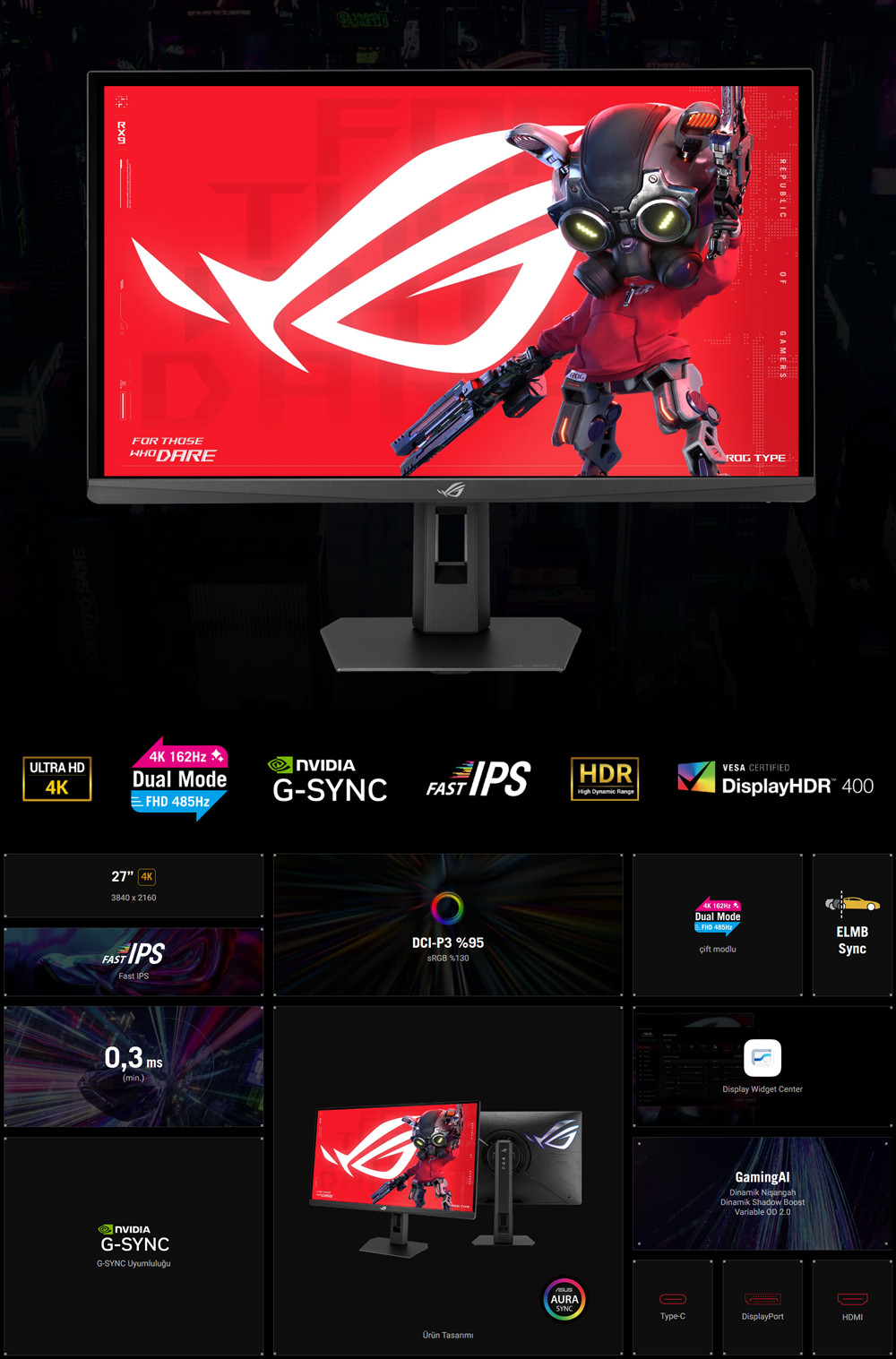 ASUS ROG Strix XG27UCGR Gen2 27″ 4K 162Hz - FHD 485Hz 0.03ms G-Sync HDR10 Pivot Dual Mode Fast IPS Gaming Monitör