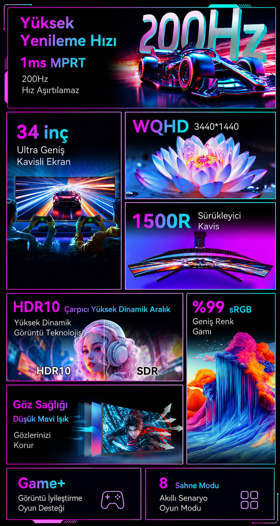 DAHUA LM34-E330CA 34″ 200Hz 1ms HDMI DP Adaptive Sync HDR10 WQHD VA Curved 1500R Gaming Monitör