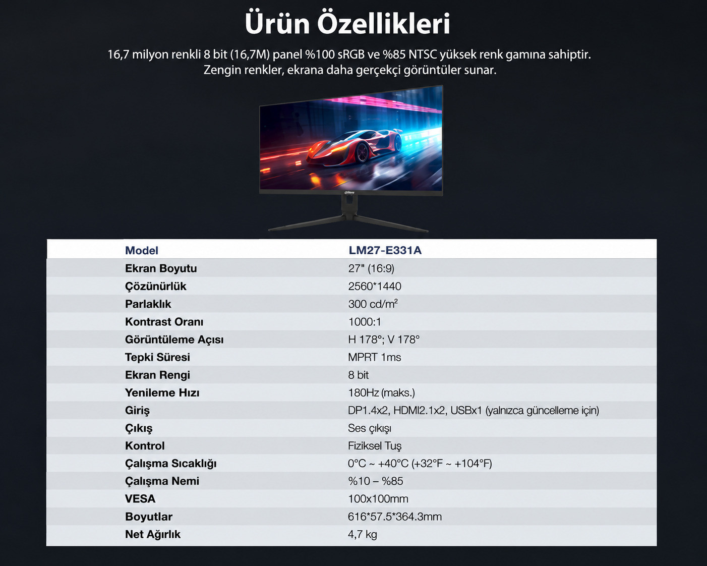 DAHUA LM27-E331A 27″ 180Hz 1ms 2K IPS Gaming (Oyuncu) Monitör